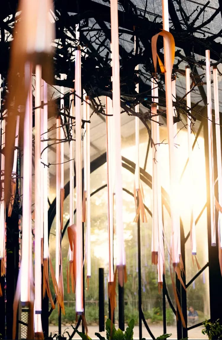 ⊚ 靈魂樹水晶互動區｜生命之樹 以梨樹枝幹搭建而成的「生命之樹」，象徵自然的循環 枝頭上的五顆水晶代表金、木、水、火、土 當你輕觸它們，聲音與光影便會同時迸發 邀請大家一同創造屬於你與自然的光影合奏