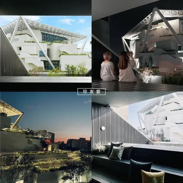 白天欣賞幾何光影，夜晚靜看美術館點燈。 這裡是頂樓露台，也是與朋友靜坐、談天、觀景的最佳場域。台南市中心難得的建築景觀，珍友愛將它收進生活風景中。