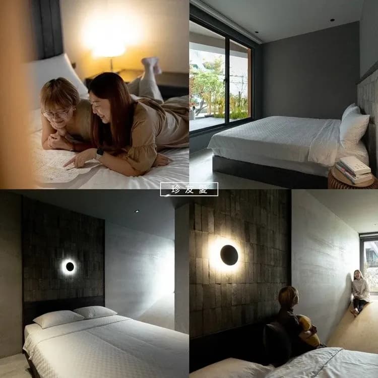 手工訂製床架與床墊，柔和燈光與靜謐空間，打造舒適睡眠區。 旅人最常說的，是「這裡比自己家還好睡」。臥室空間以灰階與光影設計為主軸，讓心靜下來，也讓夜晚變得更長。