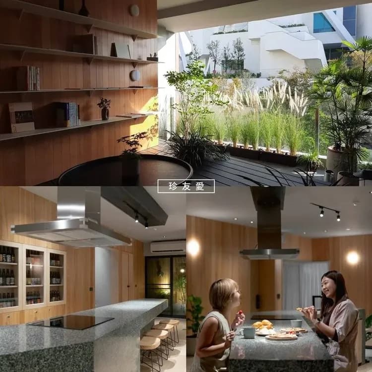 三樓陽台與一樓中島廚房，是珍友愛最受歡迎的聚會空間。旅人能在這裡吃飯、喝酒、聊天、曬日光，也能靜靜地閱讀或發呆。