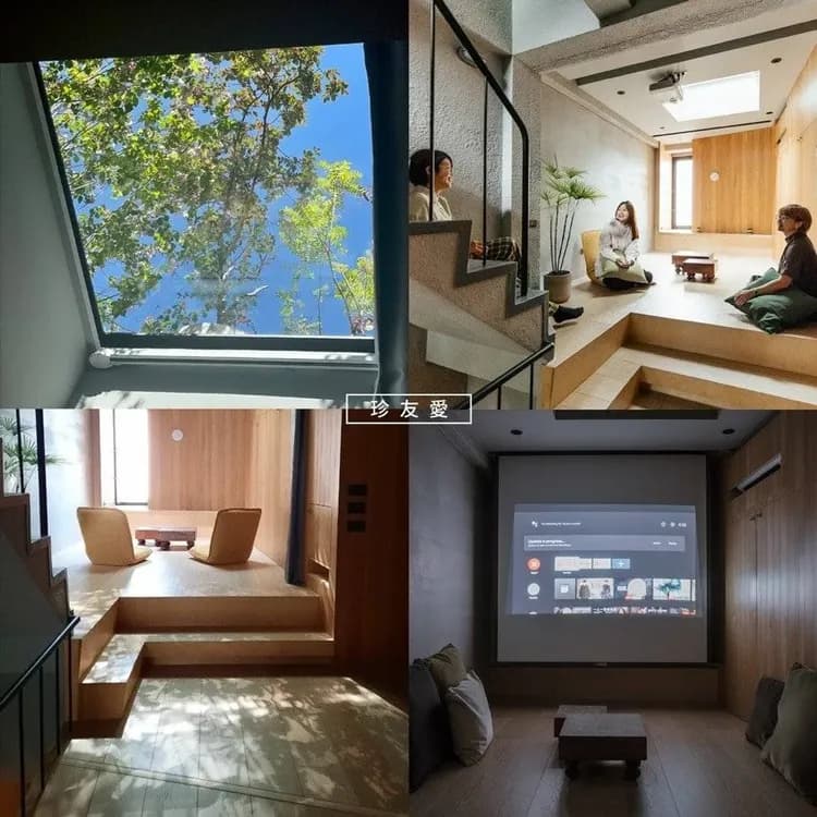 三樓和室閱讀投影空間，有天井自然採光與投影設備。白天能享受光影灑落的靜謐時光，晚上適合窩在一起看片、聊天，看見台南夜空與星星。