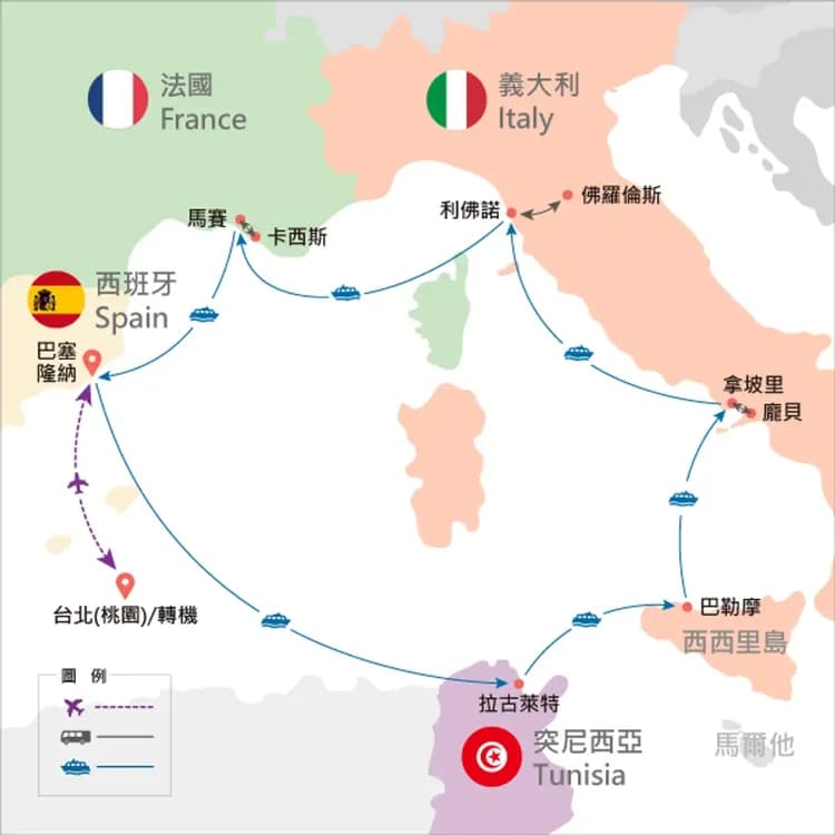 地圖僅提供路線示意參考，並未依照比例繪製，請見諒。-行程路線