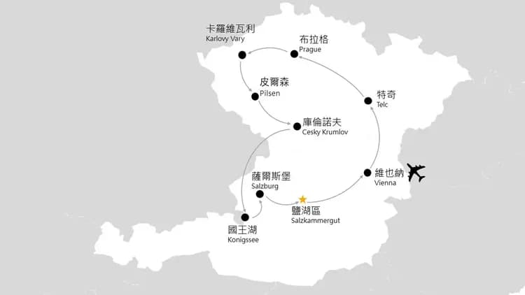歐洲旅遊, 奧地利, 捷克, 團體旅遊, 行程地圖
