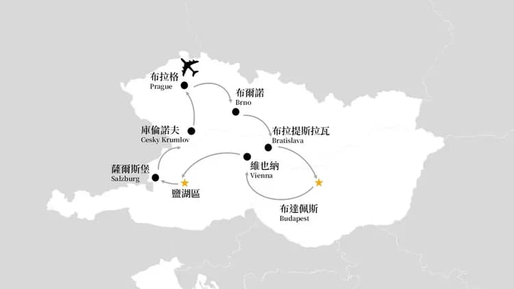 歐洲旅遊, 奧地利, 捷克, 匈牙利, 團體旅遊, 行程地圖