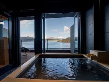 【天然温泉(浴室）】芦ノ湖を一望できる天然温泉の浴室と高温サウナ