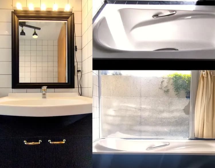 黒を基調とした高級感のあるバスルームです。大きな窓から自然を感じながら入浴することも可能です。