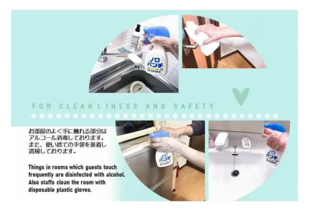 お部屋のよく手に触れる部分はアルコール消毒しております。また、使い捨ての手袋を装着し、清掃しております。