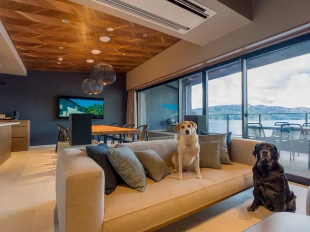 【ペット可/501リビングルーム】テラスから湖畔を一望でき、大人数でも安心の広々リビング