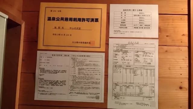 温泉証明書と成分表を洗面所に表示しています。