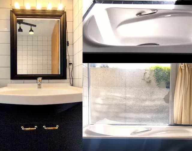 黒を基調とした高級感のあるバスルームです。大きな窓から自然を感じながら入浴することも可能です。