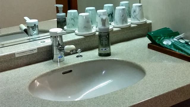 Japanese-style bathroom washbasin. Melanin cup. Various amenities are also installed.