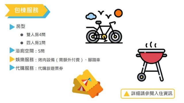 山水綻民宿 | 12人宜蘭Villa包棟 |BBQ烤肉&自行車使用 | 合法旅宿編號  宜蘭民宿1027-包棟12人 | 雙人房*4,四人房*1-2