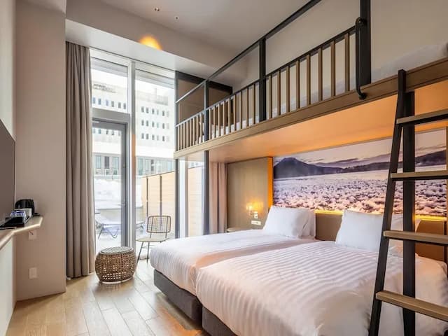 【テラス2段ベッド付ツイン】24平米／ご家族での観光やグループ利用等、幅広いニーズにお応えいたします