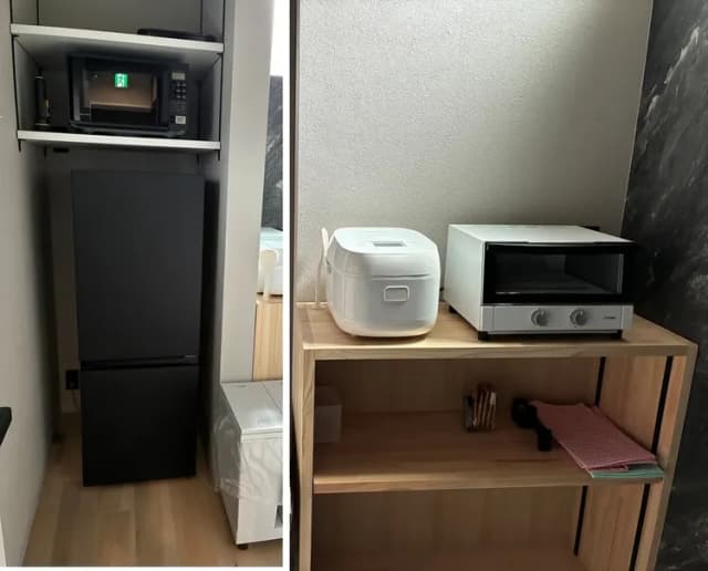 大型冷蔵庫で、飲み物や食料品などたくさん収納可能です。オーブンレンジで温めや本格調理にご活用下さい。炊飯器とオーブントースターもございます。